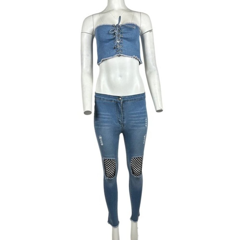 Denim Two Piece Pant Set Medium Wash / Black